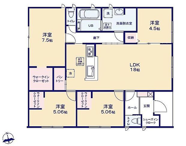 【4LDK】人気の平屋建て♪
南向き対面式キッチン仕様の約１８帖リビング♪
LDKと洋室を一体できる人気の間取り♪
WICやSIC、パントリーがあり、各所・各居室にも収納スペース完備♪