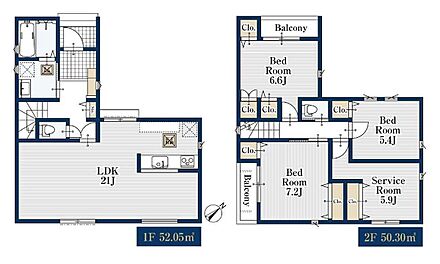 対面式キッチン仕様の約２１帖リビング♪
居室４部屋あり、使用用途多数♪
各所・各居室に収納スペース完備♪
陽当り良好なバルコニーが２面ございます♪ 