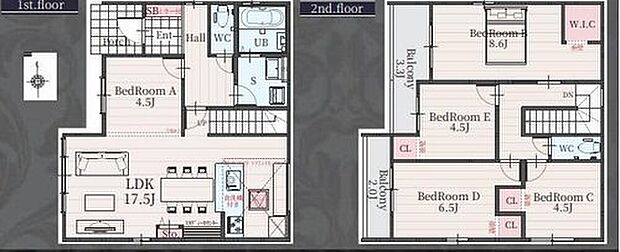 【5LDK】対面式キッチン仕様の約１７．５帖リビング♪
居室４部屋あり、使用用途多数♪
WICがあり、各所に収納スペース充実♪
バルコニーは広々２面ございます！