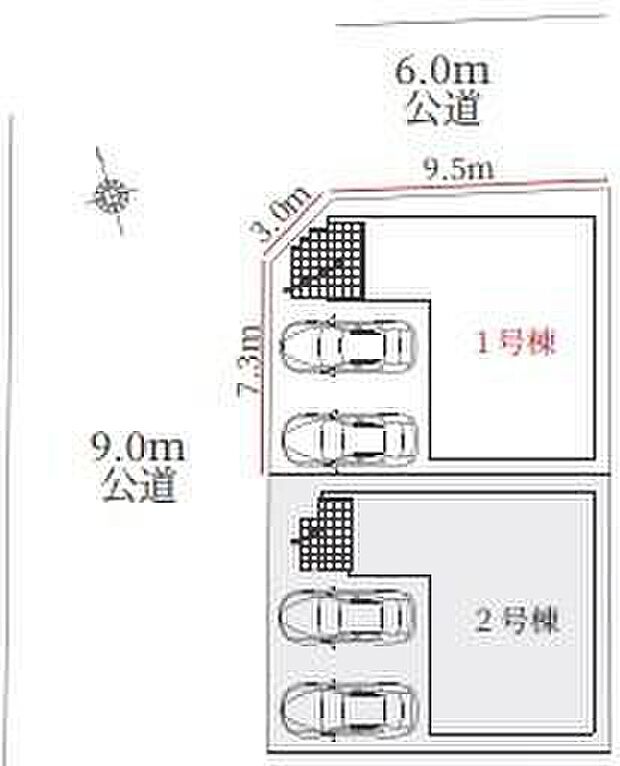 【全体区画図】１号棟　４，６９９万円
２号棟　４，４９９万円