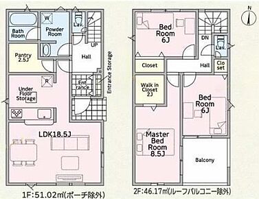 対面式キッチン仕様の約１８．５帖リビング♪
主寝室約８．５帖の広々プライベート空間♪
WICやパントリーがあり、各居室に収納スペース充実♪
天候の変化にも安心な南側インナーバルコニー♪ 