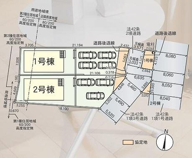 【全体区画図】１号棟　３，２９０万円
２号棟　３，１９０万円

前道が6ｍあるので、車庫入れが苦手な方でも安心して入れられます♪