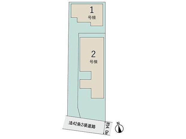 【全体区画図】１号棟　３，６９９.５万円
２号棟　４，２９９.５万円