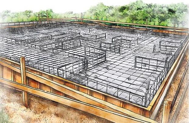 【ベタ基礎】ベタ基礎は、コンクリートで建物の下一面を支える工法。基礎鉄筋を張り強度を強めたベタ基礎の耐圧盤を1階の床下全面に施工し、広い耐圧盤の面で建物の荷重を地盤に伝えます。
