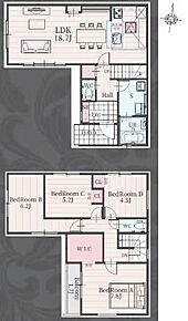 対面式キッチン仕様の約１８．７帖リビング♪居室４部屋あり、お子様一人一人にお部屋が与えられます♪WICがあり、各所に収納スペース充実♪日当たり良好なバルコニー♪ 