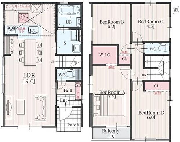 【4LDK】対面式キッチン仕様の約１９帖リビング♪
居室４部屋あり、お子様一人一人にお部屋が与えられます♪
WICがあり、各所に収納スペース充実♪
日当たり良好な南側バルコニー♪