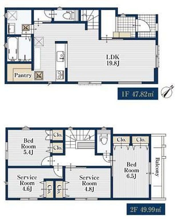 【2LDK+2S】対面式キッチン仕様の約１９．８帖リビング♪
２階４部屋あり、使用用途多数♪
パントリーがあり、各所・各居室にクローゼットを配置し収納豊富♪
陽当り良好な南東側バルコニー♪