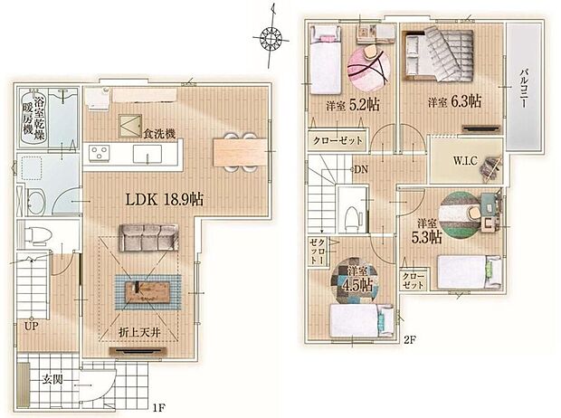 【4LDK】対面式キッチン仕様の約１８．９帖リビング♪
WICがあり、各所・各居室にも収納スペース充実♪
２階４部屋あり、お子様ひとりひとりにお部屋を与えられます♪
日当たり良好な東側バルコニー♪