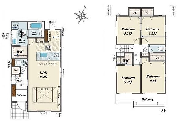 【4LDK】オシャレな折上天井仕様の約19帖リビング♪
2階4部屋あり、お子様ひとりひとりにお部屋を与えられます♪
WICがあり、各所・各居室にクローゼットを配置し収納豊富♪
日当たり良好な南側ワイドバルコニー♪