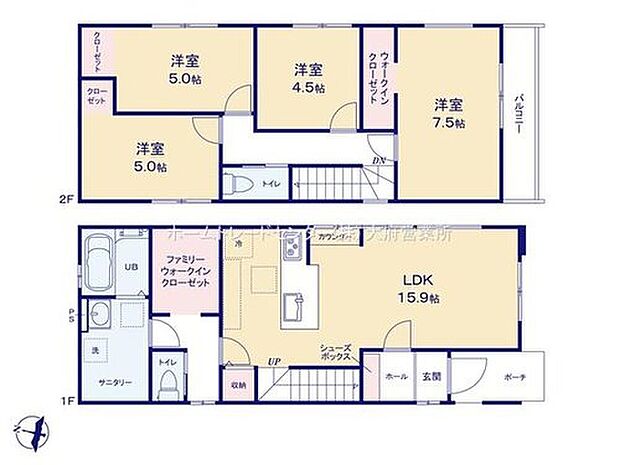 【4LDK】対面式キッチン仕様の約１５．９帖リビング♪
２階４部屋あり、お子様ひとりひとりにお部屋を与えられます♪
ファミリークローゼットやWICがあり、収納スペース充実♪
日当たり良好な南側バルコニー♪