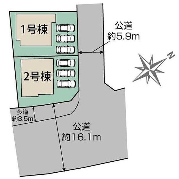 【全体区画図】１号棟　３，８８０万円
２号棟　４，０８０万円