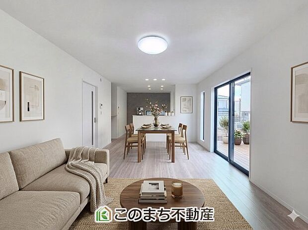 開放感のある広々としたリビング☆家族みんなでゆったりくつろげます♪ 家具・什器・調度品・植栽・カーテンなどはCG加工しております。販売価格には含まれません。