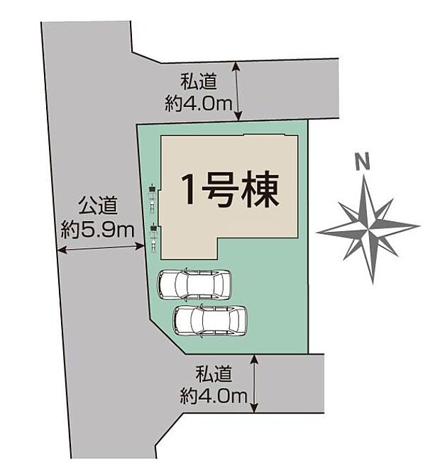 敷地面積:164.96m2 接道:西側5.9m(公道)、北側4.0m(私道)、南側4.0m(私道)