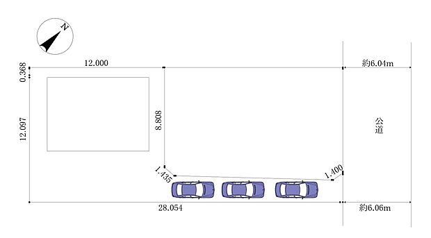 【新築戸建 館林市西高根町 NO.2】公道幅員約6.0mに面した旗竿地。奥まった立地で落ち着いた住環境が魅力です。並列3台分の駐車スペースを確保しています。