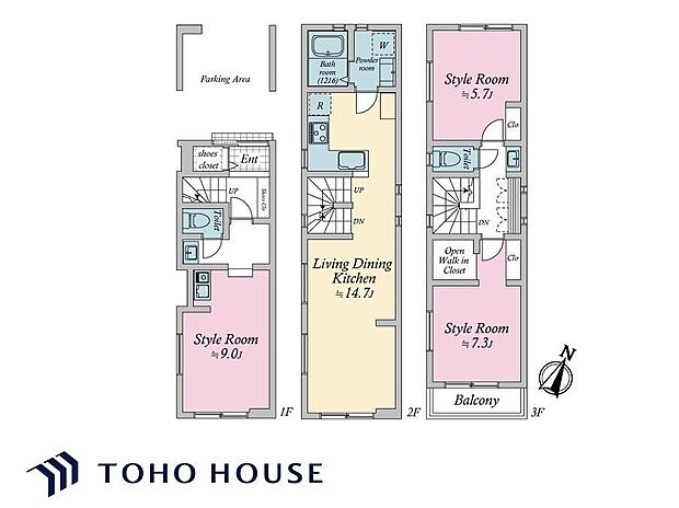 【3LDK】採光とプライバシーに配慮された2階LDK仕様の住まい。全居室2面採光が確保されています。適材適所に水まわり設備が配置されており、家事・生活動線良好な間取り設計です。