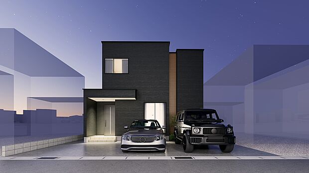 A号地:黒の外壁でまとめたシャープな箱型フォルムに、縦の木目がやわらかなアクセント。深い庇の玄関と並列駐車スペースを備え、デザイン性と日々の使いやすさを両立した外観です。