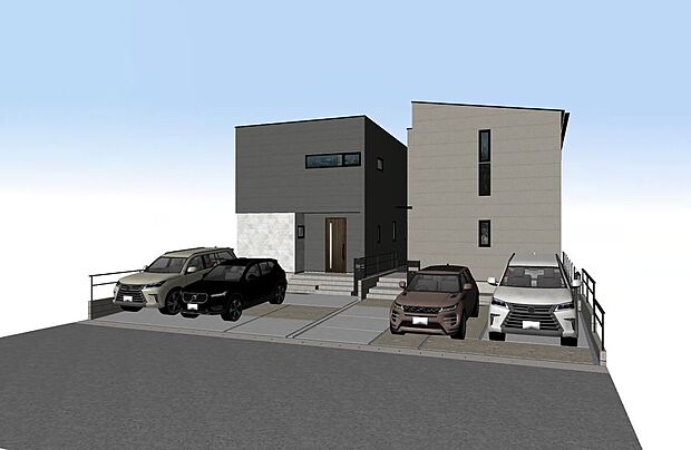 『現地案内予約受付中』アールギャラリー岡崎市河原町の家外観パース　右からAB号棟未完成物件の為、モデルハウスへのご案内も致します。お気軽にお問合せ下さいませ。
