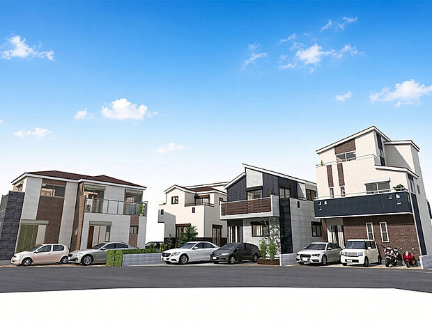 【全体イメージパース】ブラウンカラーや明るいトーンの外壁を採用した、おしゃれな住まい。見る角度によって表情が変わる立体的なデザインも魅力の1つです。（建物面積100m2、建物価格1770万円）
