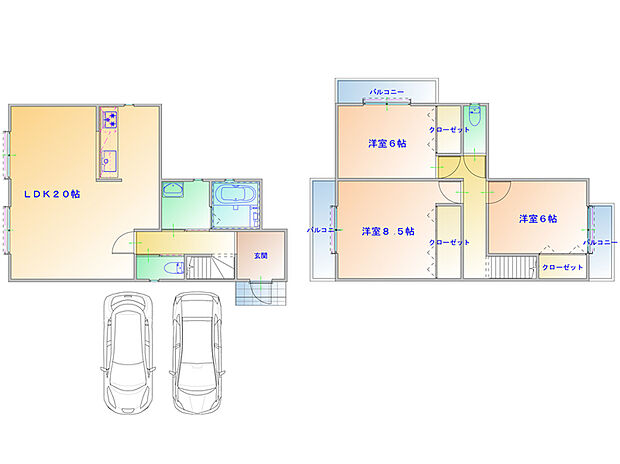 【プラン図】1階に水回りを集約した家事動線良好な3LDK。2階は洋室を3部屋設け、ご家族それぞれのプライベートな時間も大切にできます。(建物価格1770万円、建物面積100m2)