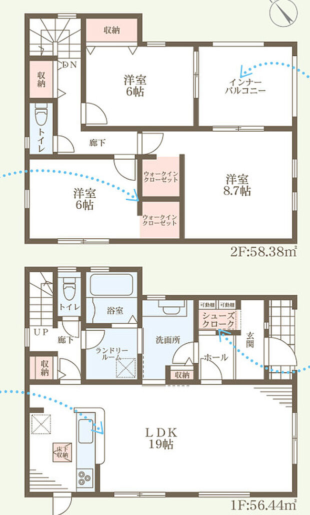 【3LDK】平坦地/角地/前道6m以上/オートバス/浴室乾燥機/浴室1坪以上/浴室に窓/駐車2台可/2階建/ウォークインクロゼット/床下収納/全居室収納/全居室フローリング/設計住宅性能評価付/建設住宅性能評価書（新築時）/長期優良住宅/LDK18畳以上/全居室6畳以上/LDK20畳以上/TVモニタ付インターホン/トイレ2ヶ所/温水洗浄便座/システムキッチン/対面式キッチン/省エネルギー対策/オール電化/太陽光発電システム/複層ガラス/フラット３５・S適合証明書