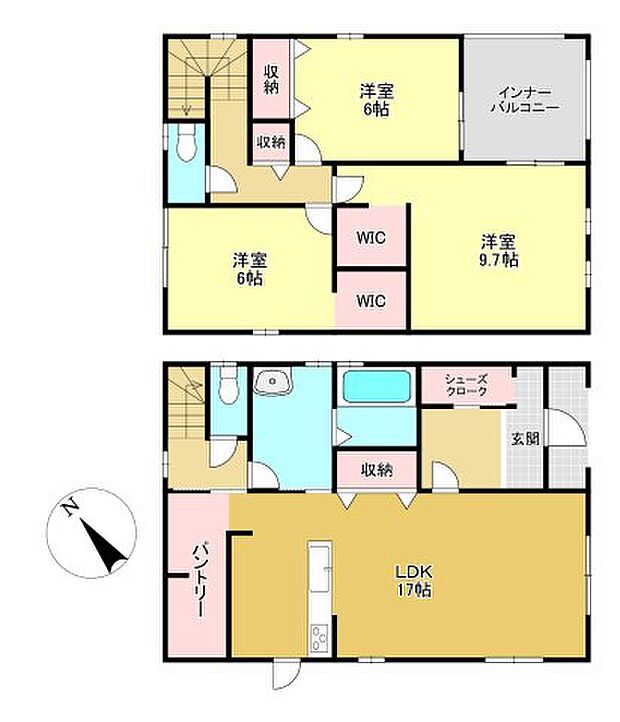 【3LDK】平坦地/角地/前道6m以上/オートバス/浴室乾燥機/浴室1坪以上/浴室に窓/駐車2台可/2階建/ウォークインクロゼット/床下収納/全居室収納/全居室フローリング/設計住宅性能評価付/建設住宅性能評価書（新築時）/長期優良住宅/LDK18畳以上/全居室6畳以上/LDK20畳以上/TVモニタ付インターホン/トイレ2ヶ所/温水洗浄便座/システムキッチン/対面式キッチン/省エネルギー対策/オール電化/太陽光発電システム/複層ガラス/フラット３５・S適合証明書