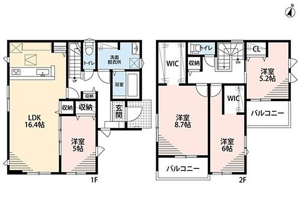 4LDK、土地面積151.31m2、建物面積109.71m2 4LDK　LDK横には5帖の洋室をご用意☆　2階は3洋室　主寝室にはバルコニー＆WIC完備
