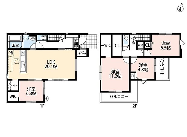 4LDK、土地面積200m2、建物面積112.8m2 
オールフローリング◇全室２面採光＆南面バルコニー☆リビング広々20.1帖！パントリーやWIC、ホールクローク、アウトストレージと収納豊富＾＾