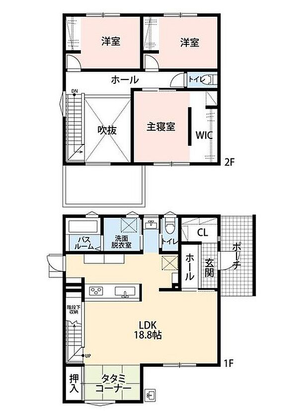 3LDK、土地面積230.83m2、建物面積105.37m2 約18.8帖の広々LDKが魅力の3LDK♪畳コーナーやウォークインクローゼットを備えた、収納充実の間取りです^^