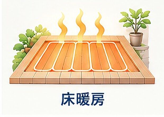 【ガス温水式床暖房】足元から部屋全体をじんわりと暖める床暖房をリビングとダイニングに設置。ホコリを舞い上げず空気を乾燥させにくいので、小さなお子様やペットのいるご家庭にも安心です。冬場でもスリッパなしで快適にお過ごしいただけます。