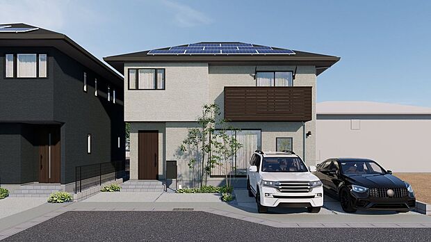 ■2号地外観(パース)ツートーンの外壁に、直線的なフォルムが際立つデザインの外観となっています。清潔感とシャープさを兼ね備えた住まいです。