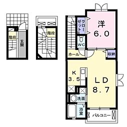 ランドロードU E棟 3階1LDKの間取り