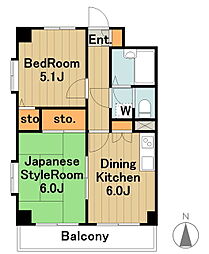 JR横浜線 橋本駅 徒歩5分の賃貸マンション 6階2DKの間取り