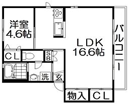 シャーメゾン茄子作2-B 1LDKの間取図画像