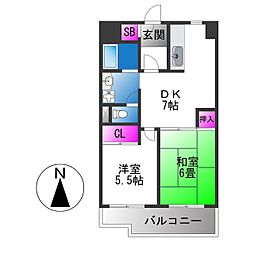 グランディー小路 2DKの間取図画像