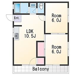 グランディール西浜 2階2LDKの間取り