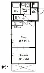 プライマル東新宿 4階1DKの間取り