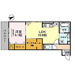 アロース　フェリス 2階1SLDKの間取り