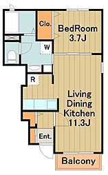 小田急小田原線 柿生駅 徒歩10分の賃貸アパート 1階1LDKの間取り