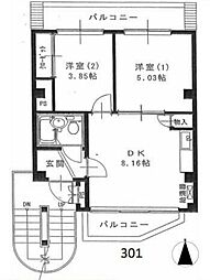 西武新宿線 東伏見駅 徒歩10分の賃貸アパート 3階2DKの間取り
