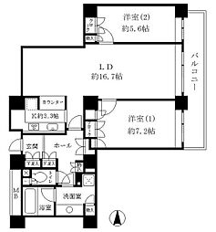 リバーポイントタワー 33階2LDKの間取り