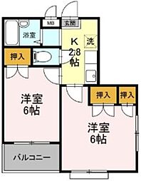 コーポラス石井 2階2Kの間取り