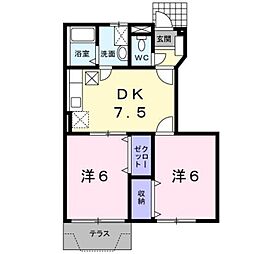 ソーレ・レヴァンテ Ｂ 1階2DKの間取り