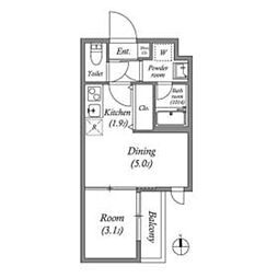 VINA山科WEST 2階1DKの間取り