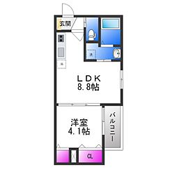 近鉄けいはんな線 長田駅 徒歩10分の賃貸アパート 3階1LDKの間取り