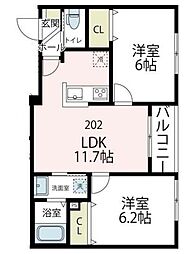 ベルズ鹿島田 2階2LDKの間取り