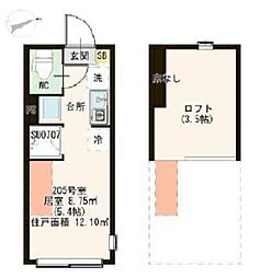 ハーモニーテラス上中里 2階ワンルームの間取り