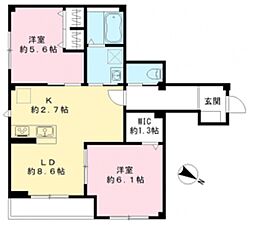 都営浅草線 戸越駅 徒歩13分の賃貸マンション 3階2LDKの間取り