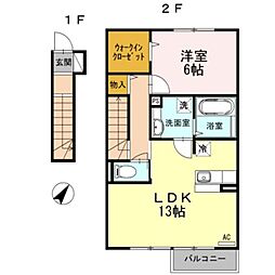 ソレアード B棟 2階1LDKの間取り