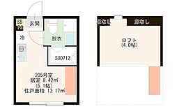 ハーモニーテラス中台 2階ワンルームの間取り