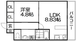 RAGLAN枚方 2階1LDKの間取り